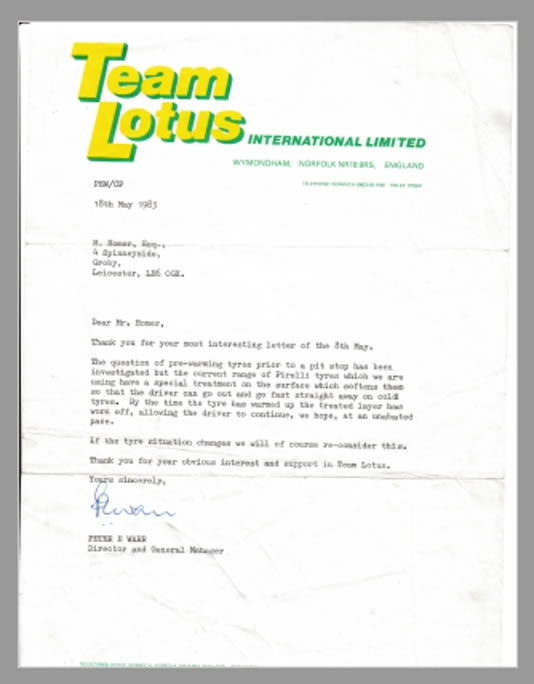 Letter of Peter Warr, Lotus Racing, about tire warmers